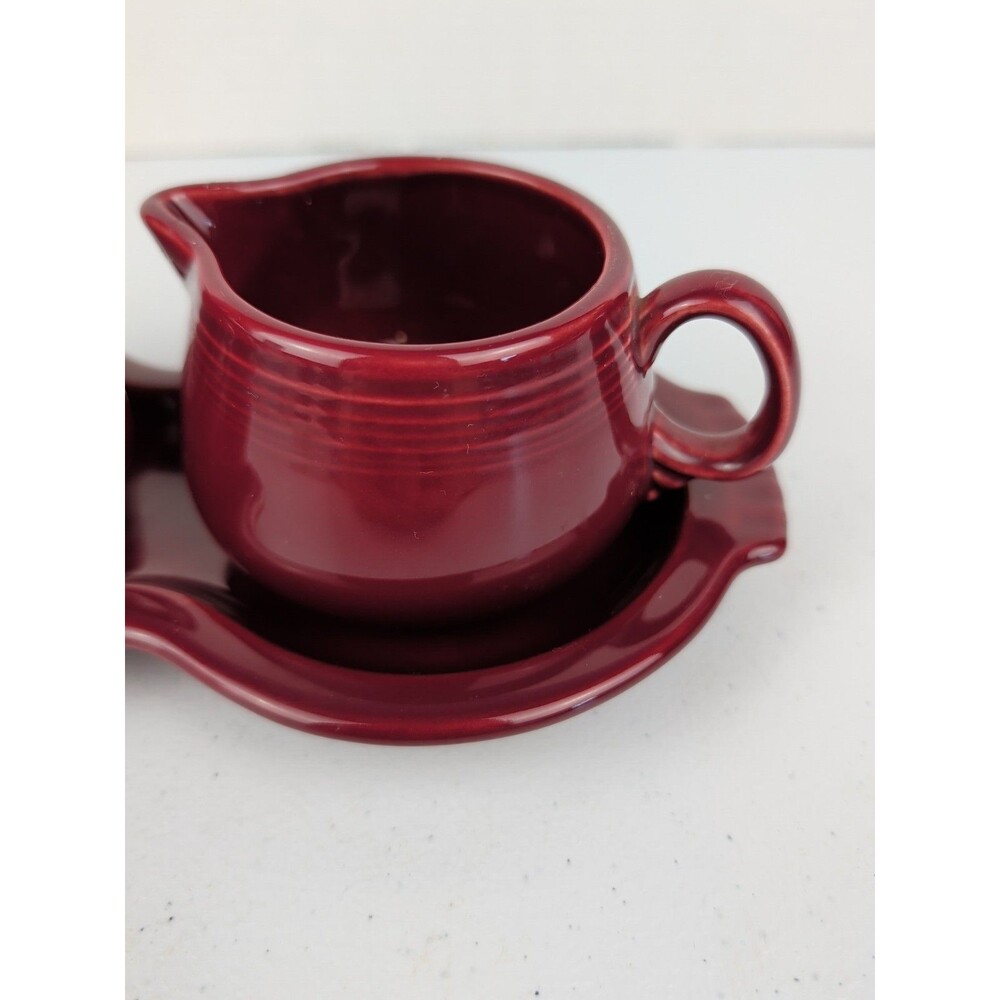 Fiestaware Claret Burgundy Creamer And Sugar with Underplate Retired 4 Piece Set - Picture 2 of 6